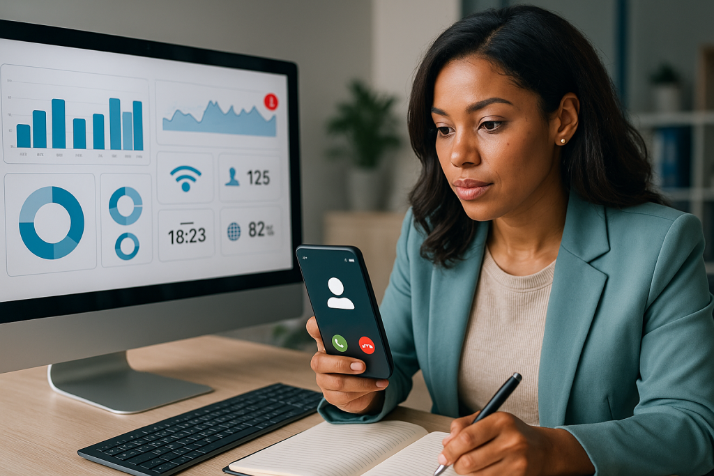 Illustration of Caller ID with mobile icons in a Dashboard with telecom metrics setting, with a professional mood.