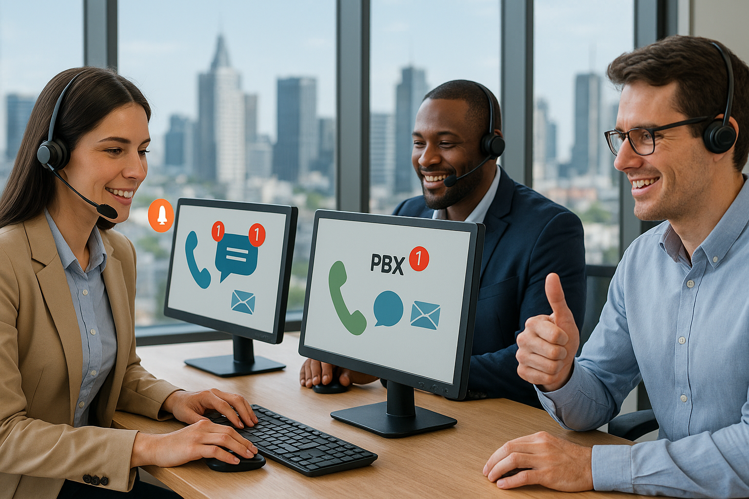 Illustration of Team using virtual PBX in a City skyline through office window setting, with a in control mood.