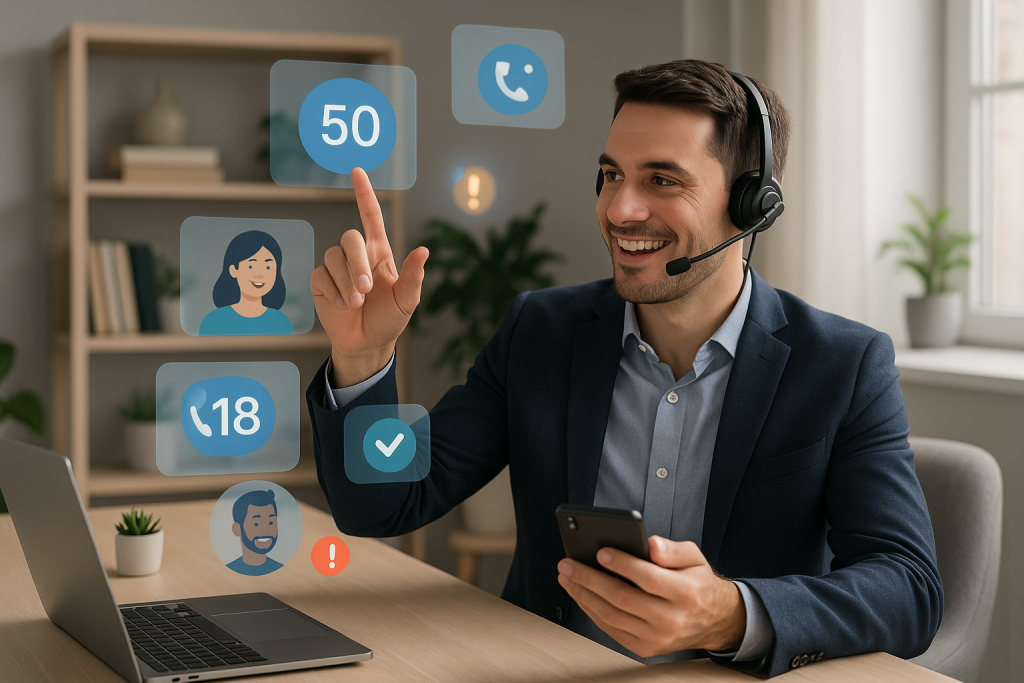 Illustration of Entrepreneur managing multiple numbers in a Home office setup with headset setting, with a innovative mood.