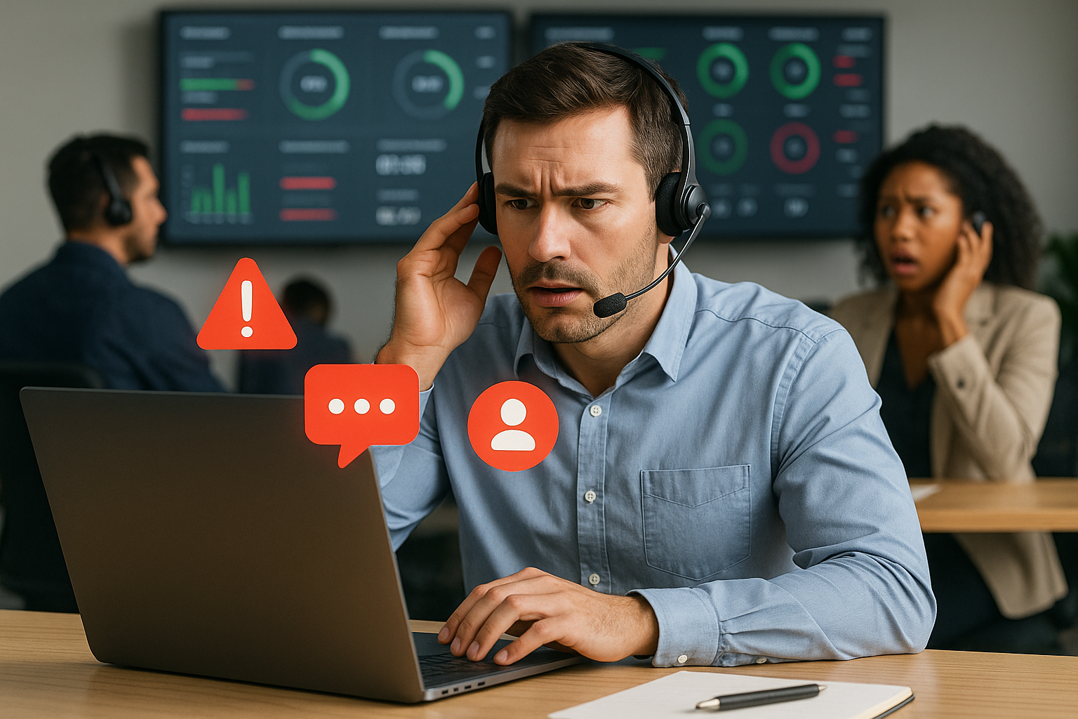 Illustration of Agent handling client calls in a Call center with digital wallboards setting, with a alert mood.