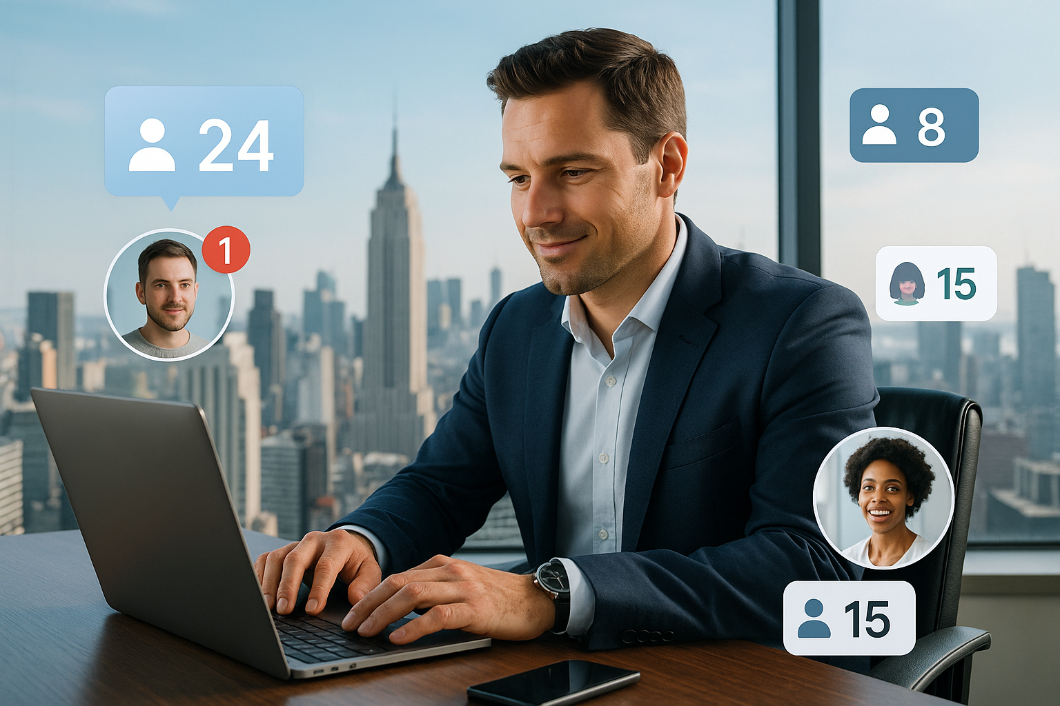Illustration of Entrepreneur managing multiple numbers in a City skyline through office window setting, with a professional mood.