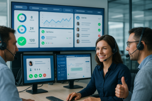 Illustration of Team using communication dashboard in a Call center with digital wallboards setting, with a confident mood.
