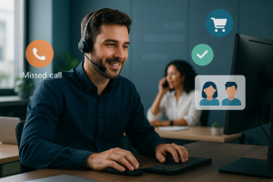 Illustration of Agent handling client calls in a Tech-themed workspace setting, with a in control mood.