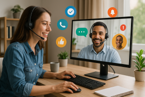 Illustration of Team using virtual PBX in a Home office setup with headset setting, with a inspired mood.