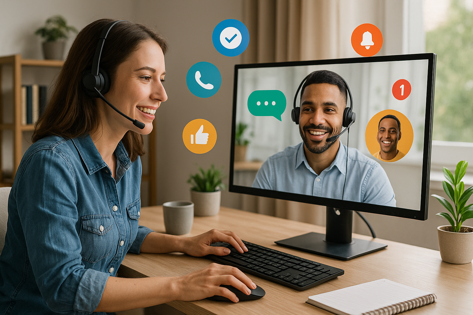 Illustration of Team using virtual PBX in a Home office setup with headset setting, with a inspired mood.