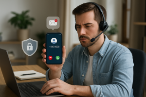 Illustration of Caller ID with mobile icons in a Home office setup with headset setting, with a focused mood.