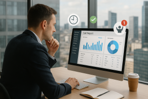 Illustration of Manager analyzing call reports in a City skyline through office window setting, with a efficient mood.