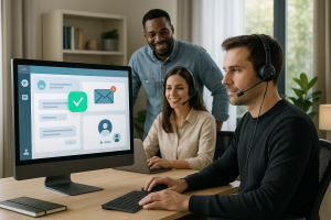 Illustration of Team using communication dashboard in a Home office setup with headset setting, with a confident mood.
