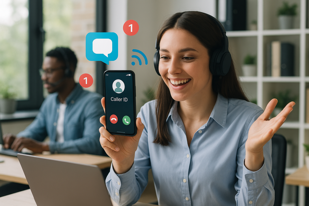 Illustration of Caller ID with mobile icons in a Modern office with mobile tech setting, with a empowered mood.