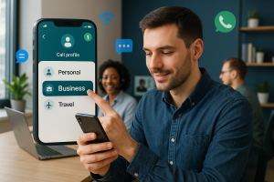 Illustration of User switching call profiles in a Tech-themed workspace setting, with a innovative mood.