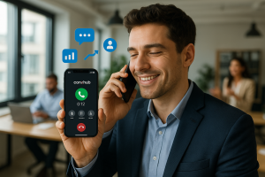 Illustration of Person making business calls on phone in a Modern office with mobile tech setting, with a in control mood.