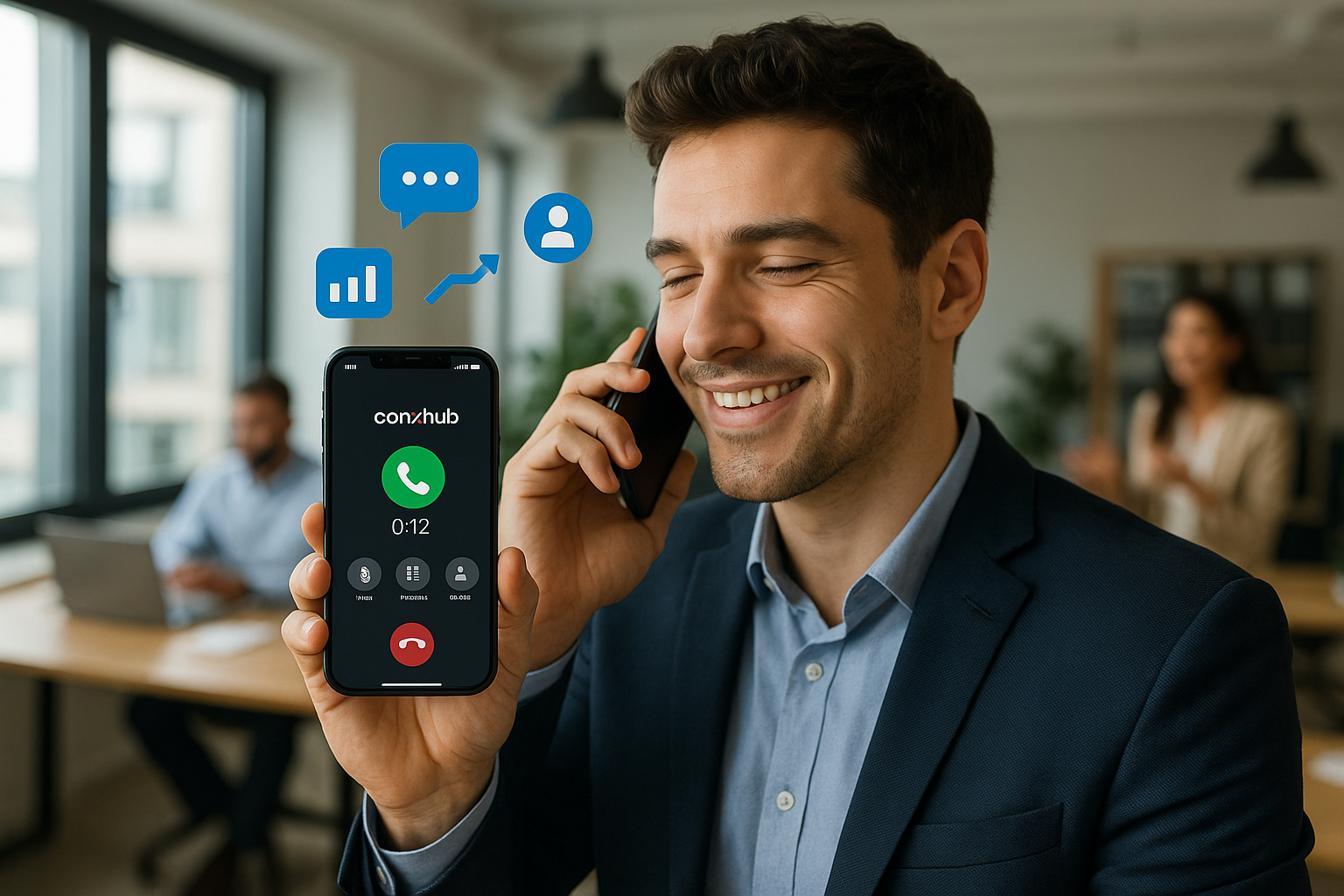 Illustration of Person making business calls on phone in a Modern office with mobile tech setting, with a in control mood.