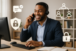 Illustration of Person making business calls on phone in a Home office setup with headset setting, with a empowered mood.
