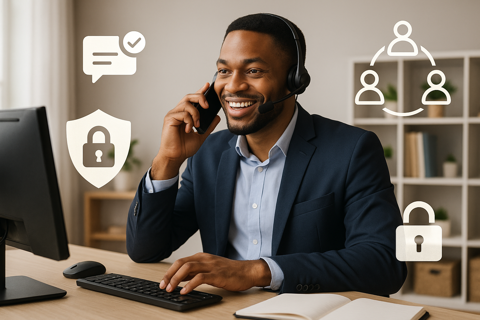 Illustration of Person making business calls on phone in a Home office setup with headset setting, with a empowered mood.