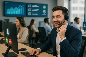Illustration of Agent handling client calls in a Call center with digital wallboards setting, with a professional mood.