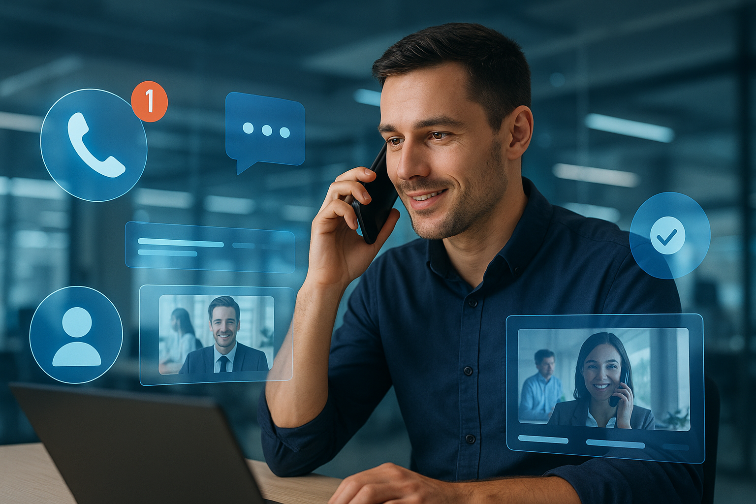 Illustration of Person making business calls on phone in a Virtual command center setting, with a innovative mood.
