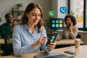 Illustration of User switching call profiles in a Modern office with mobile tech setting, with a inspired mood.