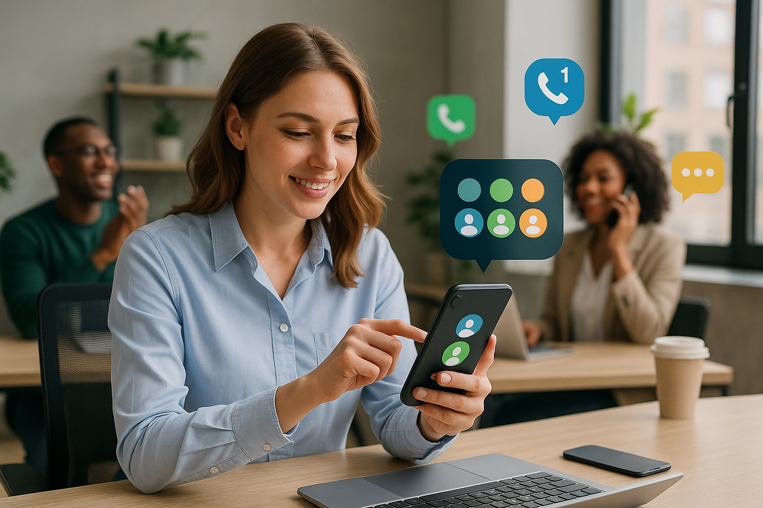 Illustration of User switching call profiles in a Modern office with mobile tech setting, with a inspired mood.