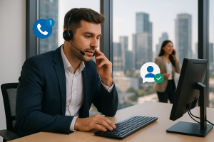 Illustration of Agent handling client calls in a City skyline through office window setting, with a efficient mood.
