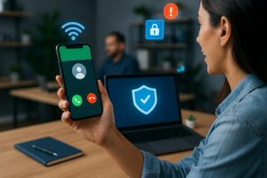 Illustration of Caller ID with mobile icons in a Tech-themed workspace setting, with a inspired mood.