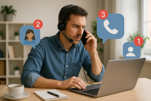 Illustration of Person making business calls on phone in a Home office setup with headset setting, with a determined mood.