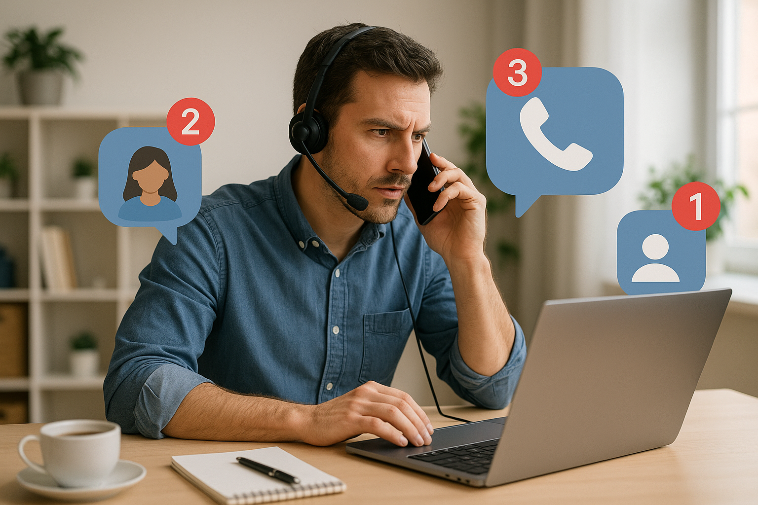 Illustration of Person making business calls on phone in a Home office setup with headset setting, with a determined mood.