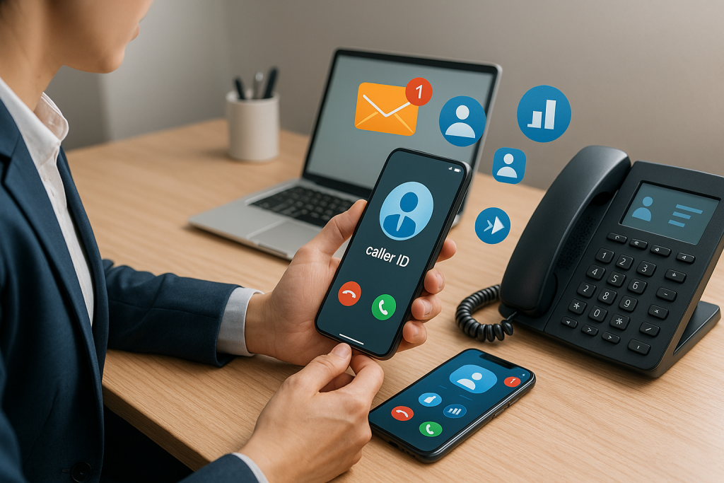 Illustration of Caller ID with mobile icons in a Professional desk with phones setting, with a innovative mood.