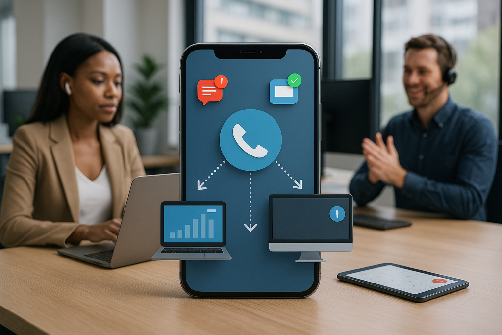 Illustration of Phone routing multiple devices in a Modern office with mobile tech setting, with a professional mood.