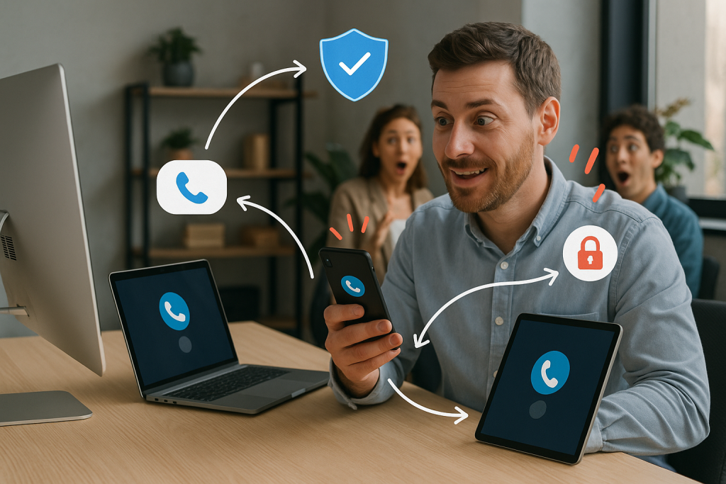 Illustration of Phone routing multiple devices in a Tech-themed workspace setting, with a innovative mood.
