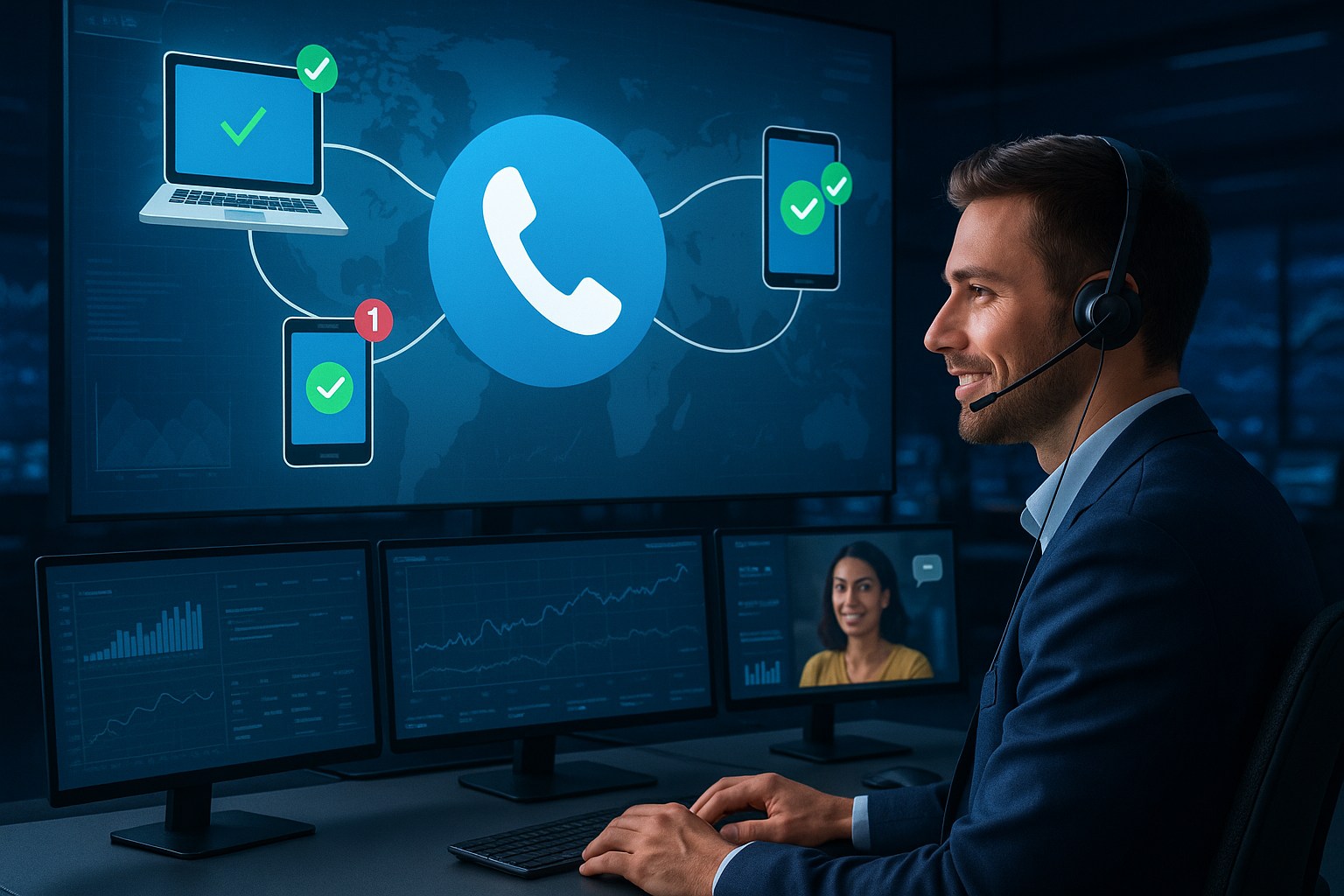 Illustration of Phone routing multiple devices in a Virtual command center setting, with a confident mood.