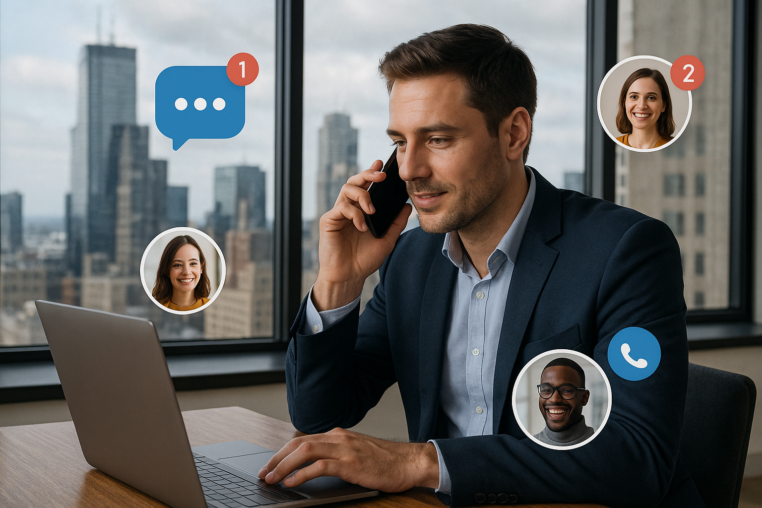 Illustration of Entrepreneur managing multiple numbers in a City skyline through office window setting, with a professional mood.