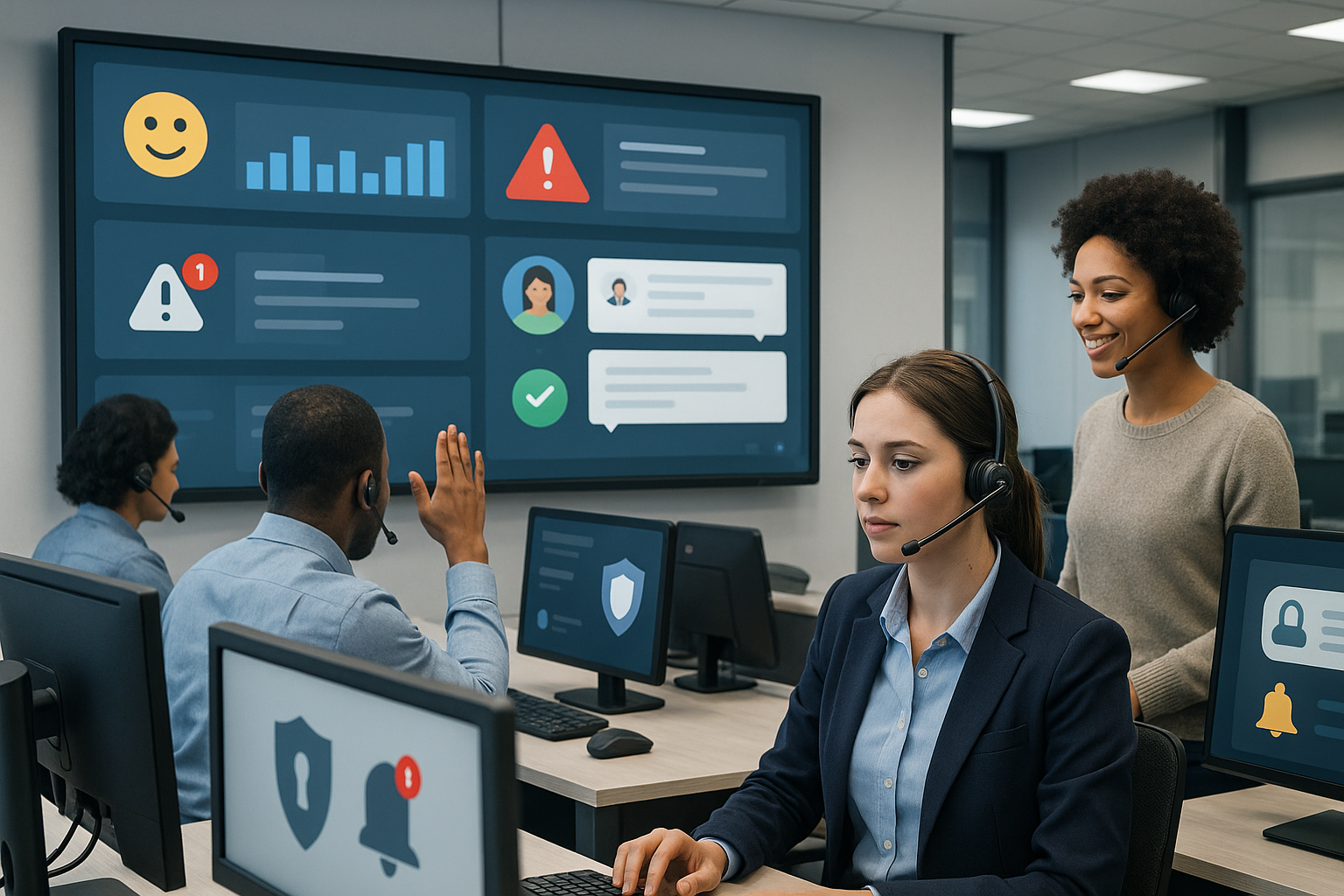 Illustration of Team using communication dashboard in a Call center with digital wallboards setting, with a in control mood.