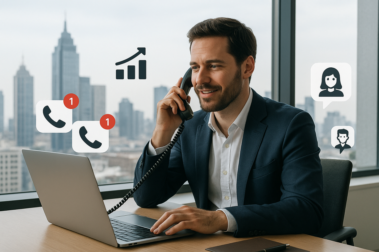 Illustration of Person making business calls on phone in a City skyline through office window setting, with a focused mood.
