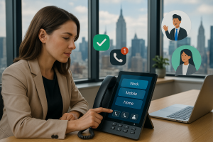 Illustration of User switching call profiles in a City skyline through office window setting, with a empowered mood.