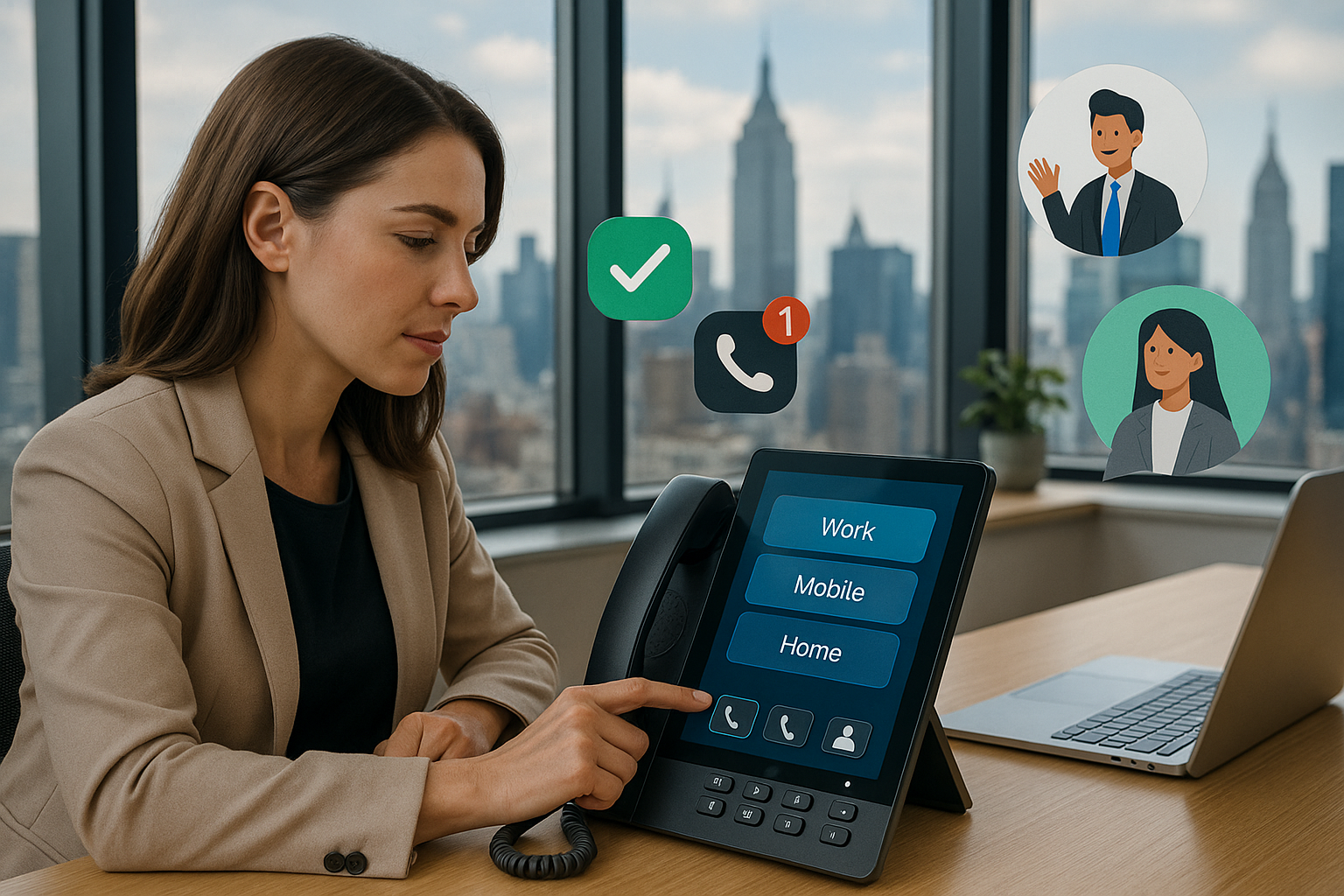 Illustration of User switching call profiles in a City skyline through office window setting, with a empowered mood.