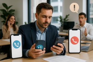 Illustration of Entrepreneur managing multiple numbers in a Modern office with mobile tech setting, with a professional mood.
