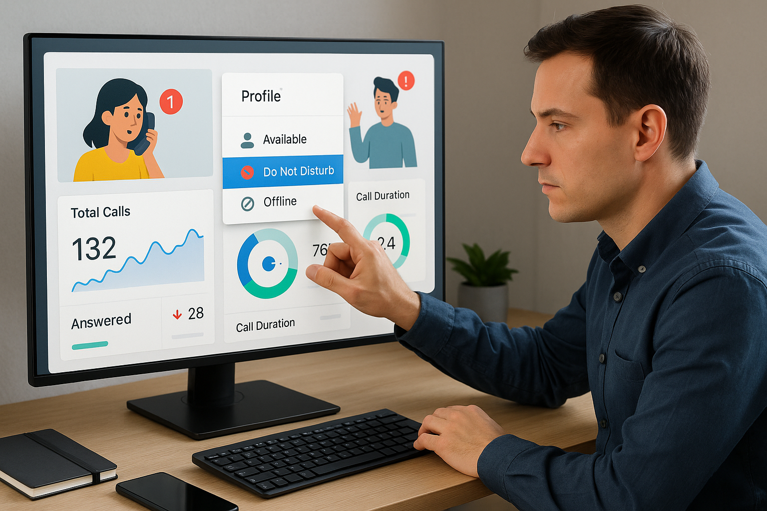 Illustration of User switching call profiles in a Dashboard with telecom metrics setting, with a determined mood.