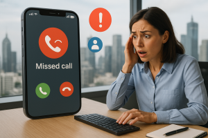 Illustration of Caller ID with mobile icons in a City skyline through office window setting, with a alert mood.