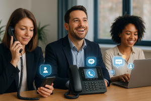 Illustration of Team using virtual PBX in a Professional desk with phones setting, with a inspired mood.