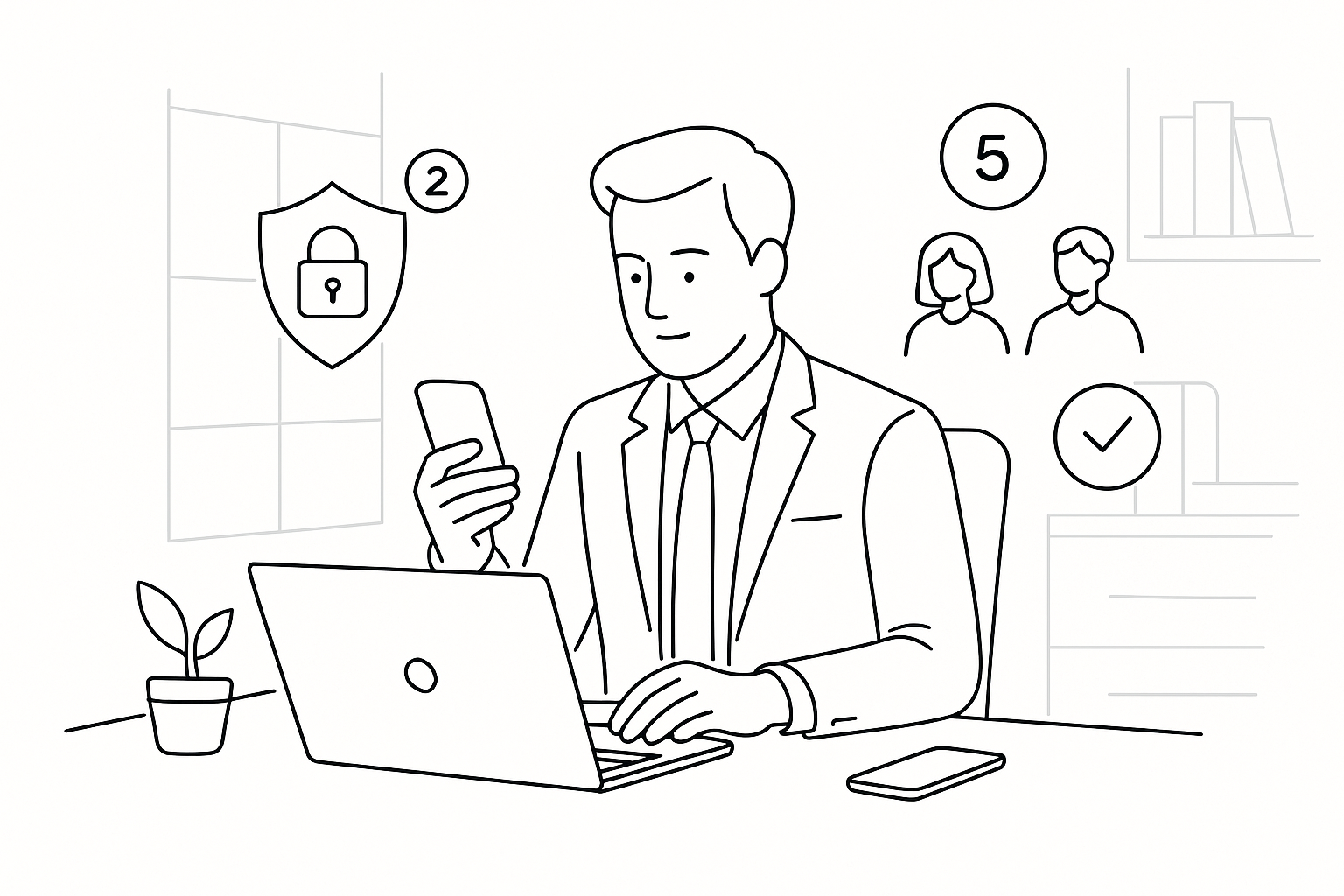 Illustration of Entrepreneur managing multiple numbers in a Modern office with mobile tech setting, with a professional mood.