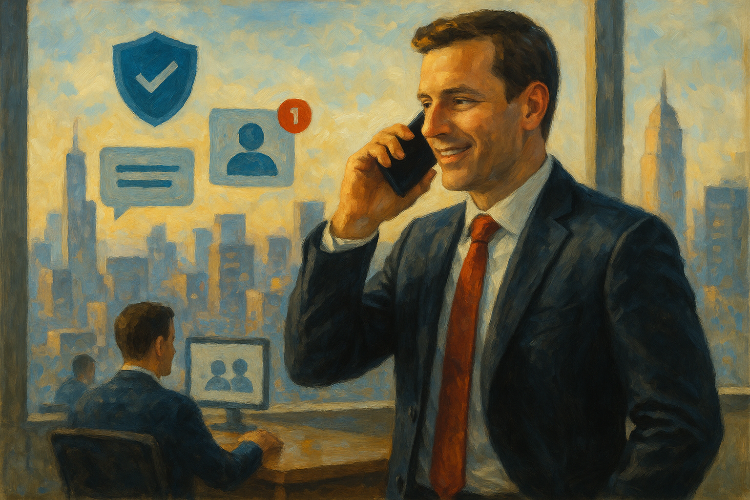 Illustration of Person making business calls on phone in a City skyline through office window setting, with a in control mood.