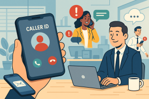 Illustration of Caller ID with mobile icons in a Modern office with mobile tech setting, with a efficient mood.