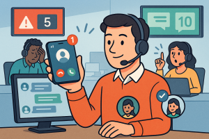 Illustration of Caller ID with mobile icons in a Call center with digital wallboards setting, with a in control mood.