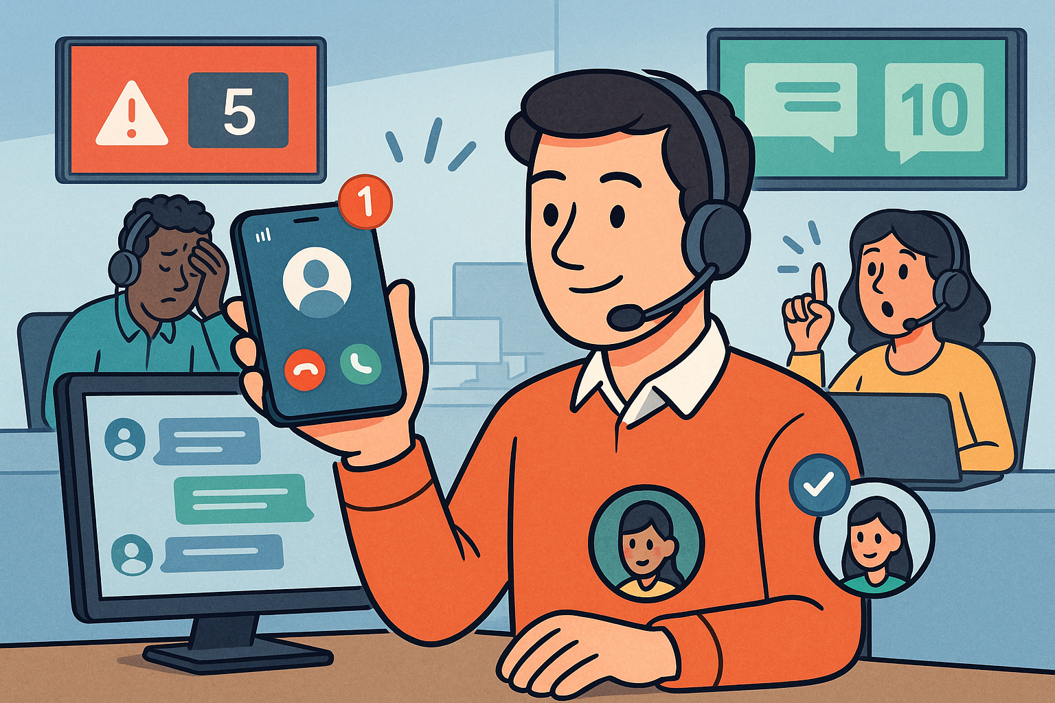 Illustration of Caller ID with mobile icons in a Call center with digital wallboards setting, with a in control mood.