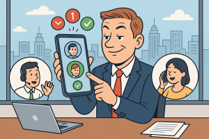 Illustration of User switching call profiles in a City skyline through office window setting, with a in control mood.