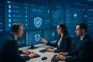 Illustration of Team using virtual PBX in a Virtual command center setting, with a efficient mood.