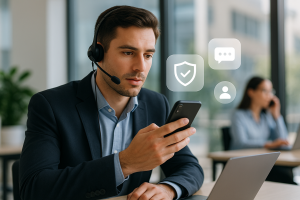 Illustration of Agent handling client calls in a Modern office with mobile tech setting, with a innovative mood.