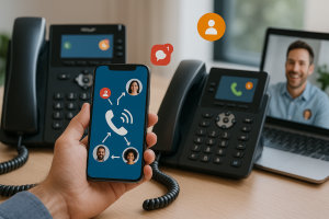 Illustration of Phone routing multiple devices in a Professional desk with phones setting, with a inspired mood.