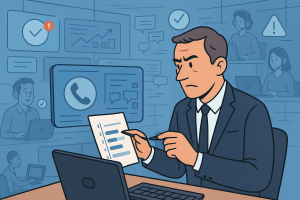 Illustration of Manager analyzing call reports in a Virtual command center setting, with a efficient mood.