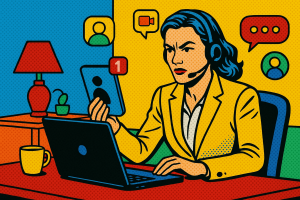 Illustration of Entrepreneur managing multiple numbers in a Home office setup with headset setting, with a determined mood.